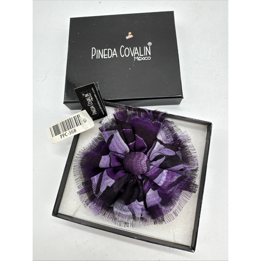 New Pineda Covalin Mexico Silk Flower Brooch Purple Black Fabric Pin w/ Box